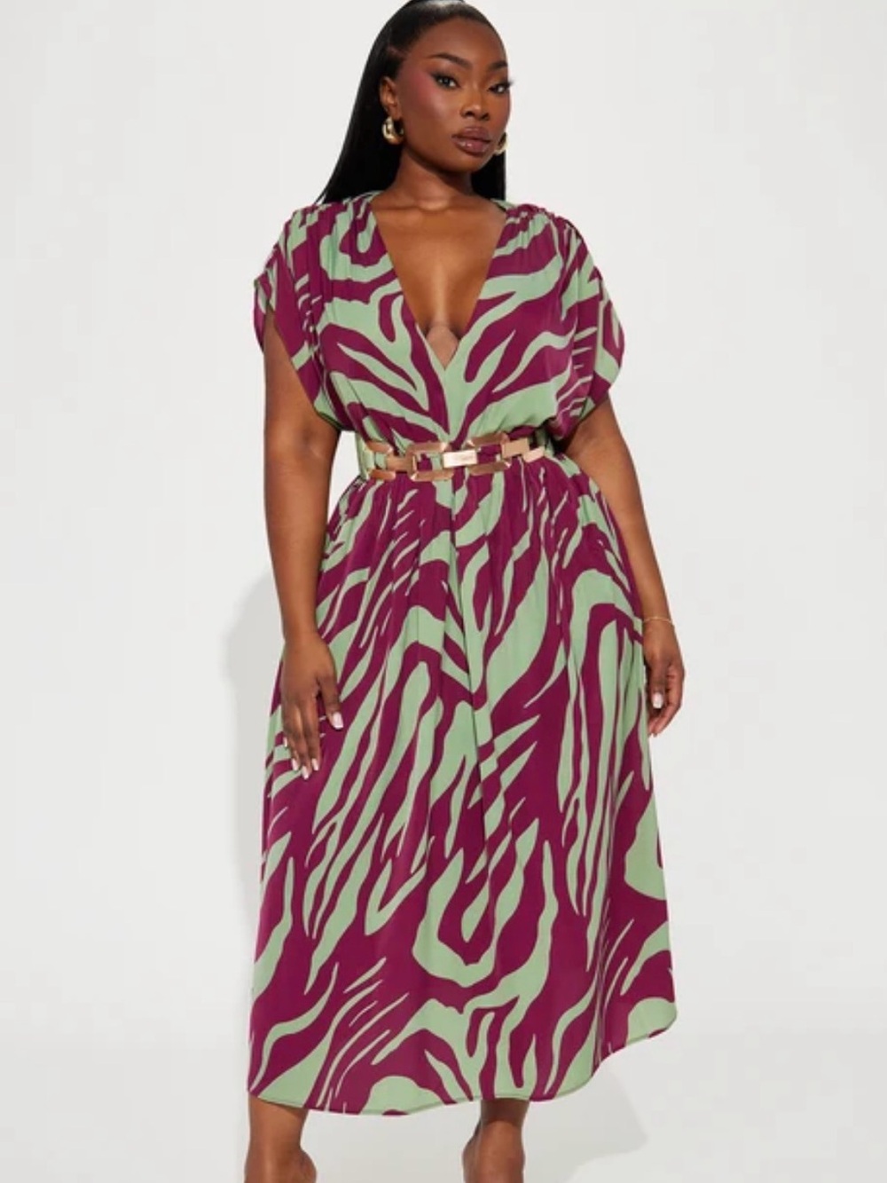 Women's Green & Purple Printed V-Neck Midi Dress NWT, Belt NOT included